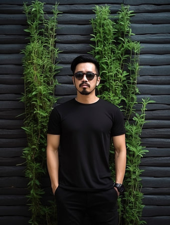 Handsome asian man in black t-shirt and sunglasses on black wooden backgroundの素材