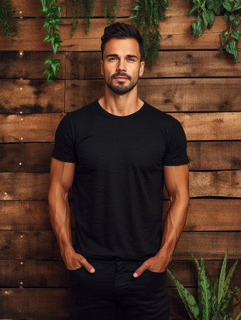 Handsome man in black t-shirt posing against wooden wall.の素材