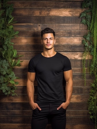 Handsome young man in black t-shirt standing against wooden wallの素材