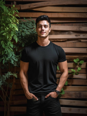 Portrait of a handsome young man in black T-shirt and jeansの素材