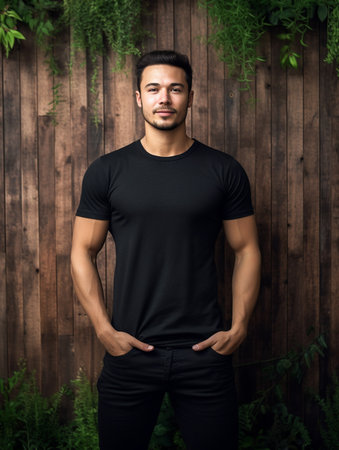 Handsome man in black t-shirt on wooden background.の素材