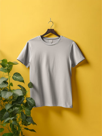 White t-shirt hanging on a hanger against a yellow wallの素材