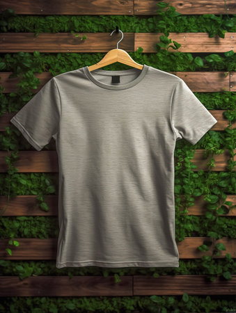 Grey t-shirt on a hanger in front of a wooden wallの素材