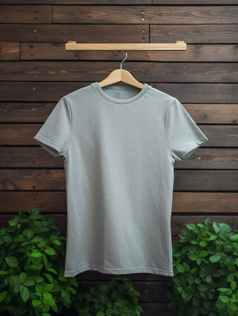 Blank gray t-shirt hanging on wooden hanger, mockupの素材