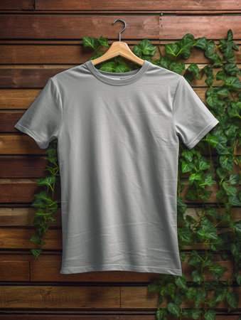 Grey t-shirt hanging on wooden wall with green ivy plantの素材