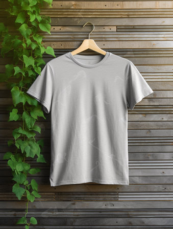 Blank t-shirt hanging on wooden wall. Mockup for designの素材