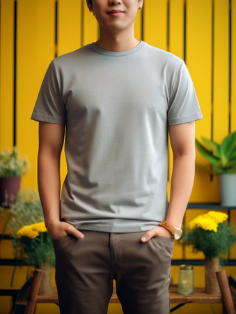 Cropped image of young man in blank grey t-shirt standing against yellow wallの素材