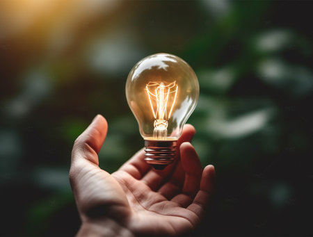 Hand holding a light bulb on nature background. Business idea concept.の素材