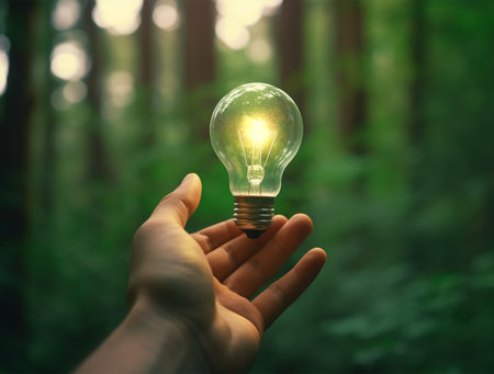 Hand holding a light bulb in the forest. Green energy concept.の素材