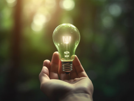 Idea concept with light bulb in hand on blurred nature background.の素材