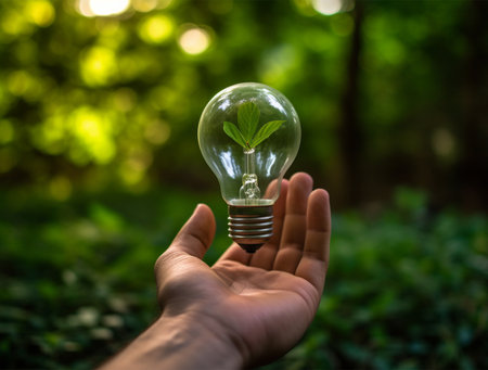 Hand holding green light bulb on nature background. Energy saving concept.の素材