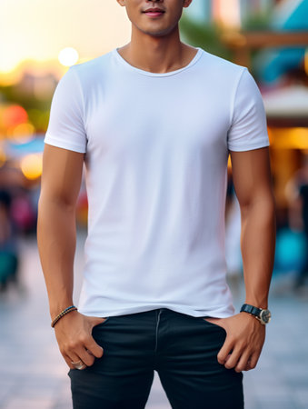 Handsome young man in white t-shirt standing on the city streetの素材