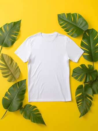 T-shirt mockup with monstera leaf on yellow background.の素材
