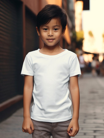 Portrait of cute little boy in white t-shirt standing on the street.の素材