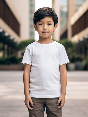 portrait of asian boy in white t-shirt looking at cameraの素材