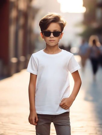 Portrait of a cute little boy in a white T-shirt and sunglasses on the streetの素材