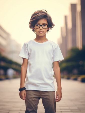 Portrait of a little boy in a white T-shirt and glasses.の素材