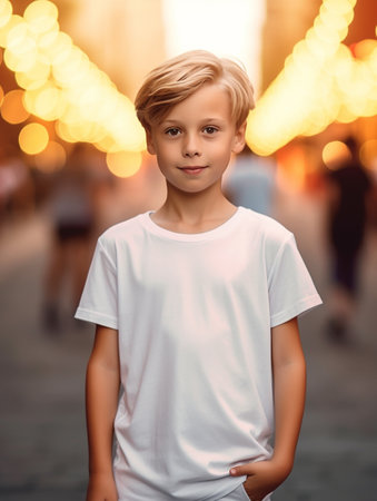 Portrait of a little boy in a white T-shirt on the background of the city.の素材