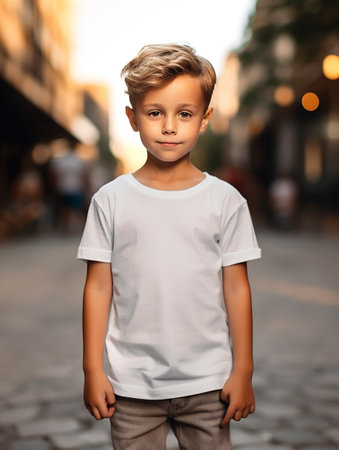 Portrait of a cute little boy in a white t-shirt on the streetの素材