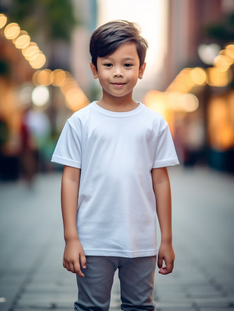 Portrait of a cute little boy in a white t-shirt on the streetの素材
