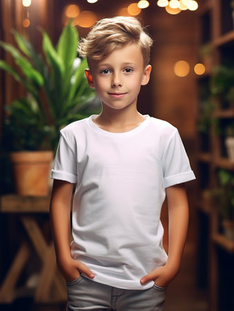 Portrait of a cute little boy in a white T-shirt.の素材