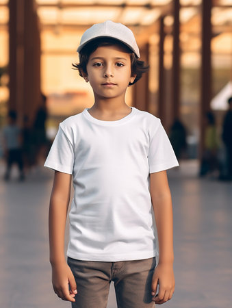 Portrait of a cute little boy in white t-shirt and cap posing at the airportの素材