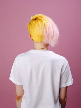 Young woman with short pink hair on pink background. Back view.の素材