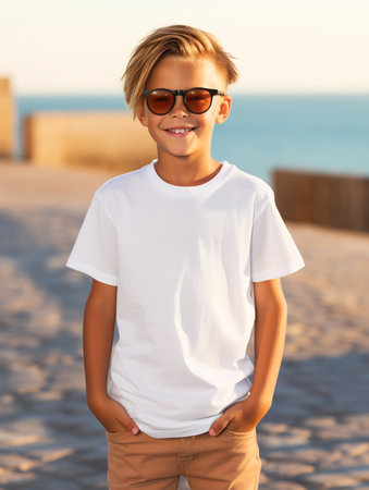 portrait of smiling boy in sunglasses and white t-shirt on beachの素材