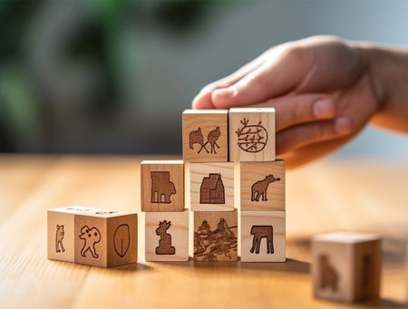 Wooden blocks with icons of different animals on the background of the tableの素材