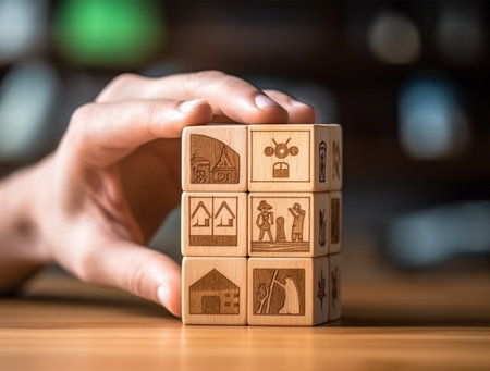 Wooden cubes with symbols of home, family and real estate.の素材