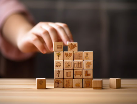 Wooden blocks with business icons on the table against the background of a dark wallの素材