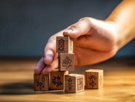 Conceptual image with wooden blocks on a table and human handの素材