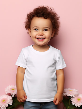 Little cute curly-haired girl in a white T-shirt and jeans on a pink background.の素材