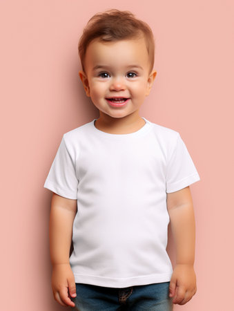 Portrait of a little boy in a white t-shirt on a pink backgroundの素材