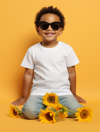 Happy african american little boy with sunflowers sitting on yellow backgroundの素材