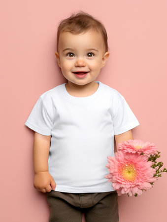 Cute little boy with a bouquet of flowers on a pink backgroundの素材