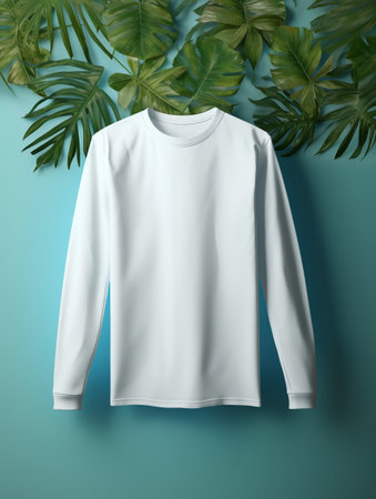 White long sleeve t-shirt mockup on blue background with tropical leaves. 3D Renderingの素材