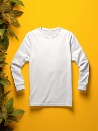 Blank white t-shirt mockup on yellow background with green leavesの素材
