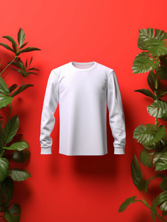White long sleeve t-shirt mockup on a red background with tropical leavesの素材