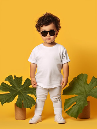 Cute little boy in sunglasses and white t-shirt posing with tropical plantの素材