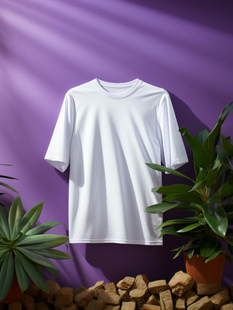 White cotton t-shirt mockup on purple wall with plant.の素材