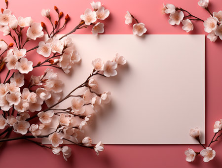 Blank paper card with cherry blossom branches on pink background, top viewの素材