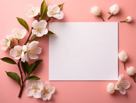 Blank paper card with white cherry blossom flowers on pink backgroundの素材