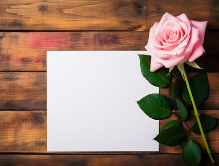 Beautiful pink rose and white sheet of paper on wooden background.の素材