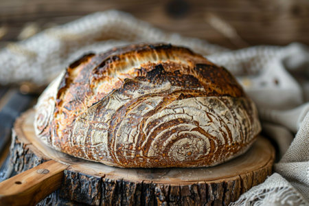 Homemade sourdough bread on a rustic wooden background.の素材