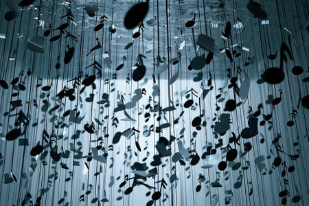 3d rendering of musical notes flying in the air in blue toneの素材