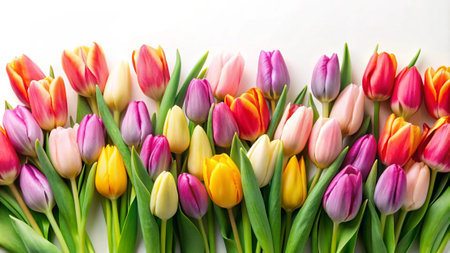 Colorful tulips on white background. Top view, flat layの素材