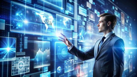 Businessman pressing high tech type of modern buttons on a virtual backgroundの素材