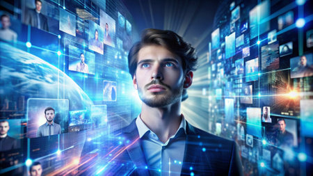 Businessman and digital interface with icons. Mixed media. Mixed mediaの素材