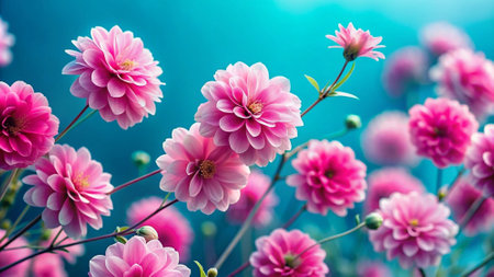 Beautiful pink dahlia flowers on blue background, closeupの素材